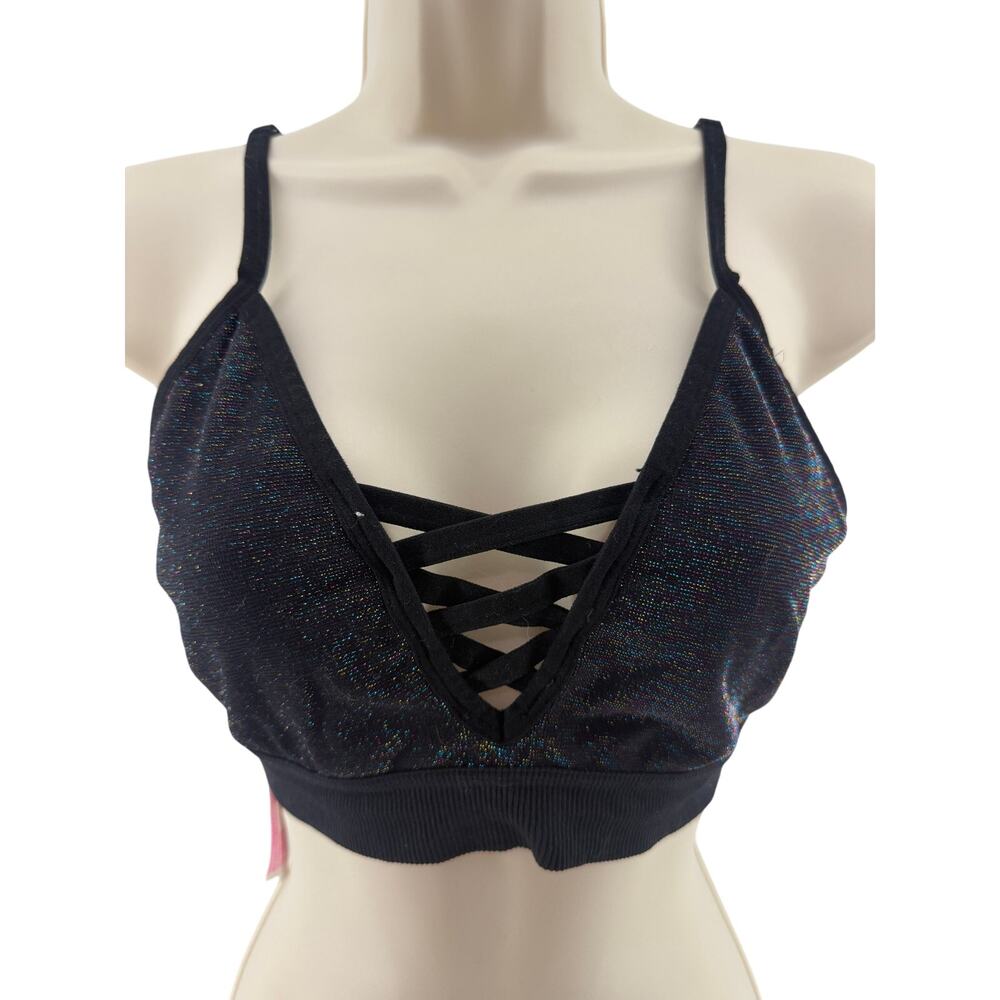 Victoria Secret Pink Black Rainbow Metallic Shimmer Bralette Womens Large